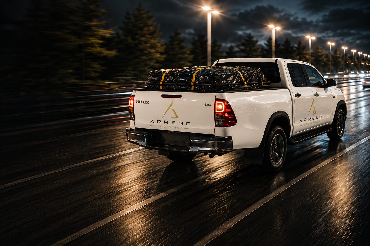 Weisser Toyota Hilux mit Doppelkabine von Arreno Logistics, gesicherte Ladung auf der Ladebrücke, nachts auf nasser Autobahn unter Mastleuchten