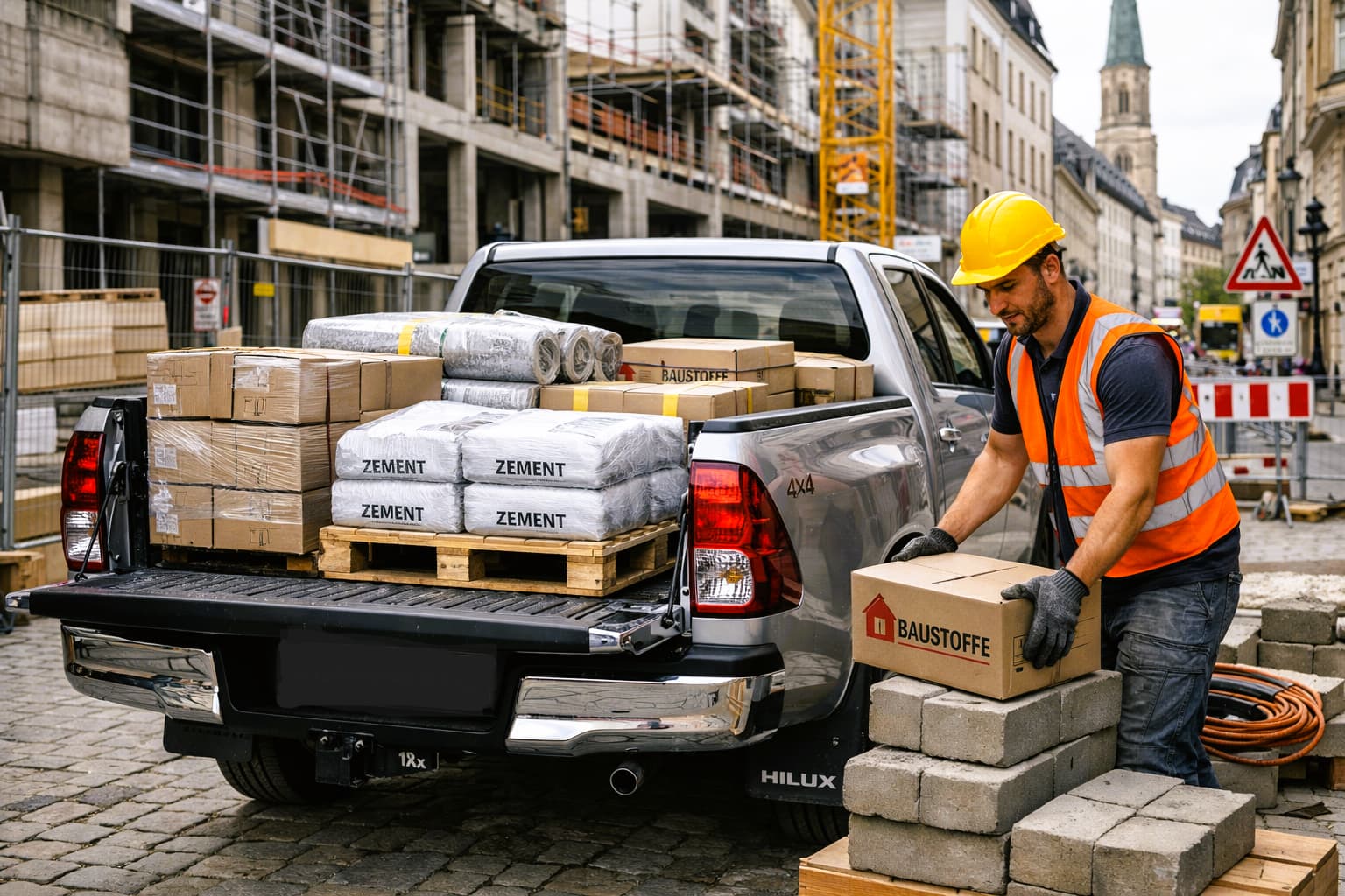 Bauarbeiter entlädt Material auf einer städtischen Baustelle